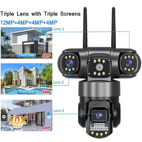 WiFi IP Camera Outdoor 12MP 6K Triple Lenses Triple Screens Security Video Monitor Night Vision Waterproof CCTV Cameras(A/U,Cam Add 32GB Card)